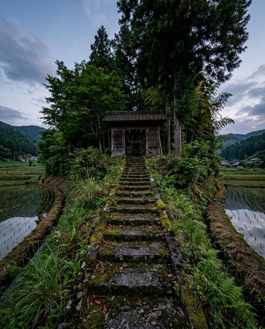 里山の小さなお寺。苔むした石段の先に山門があり、まわりに田んぼが広がる